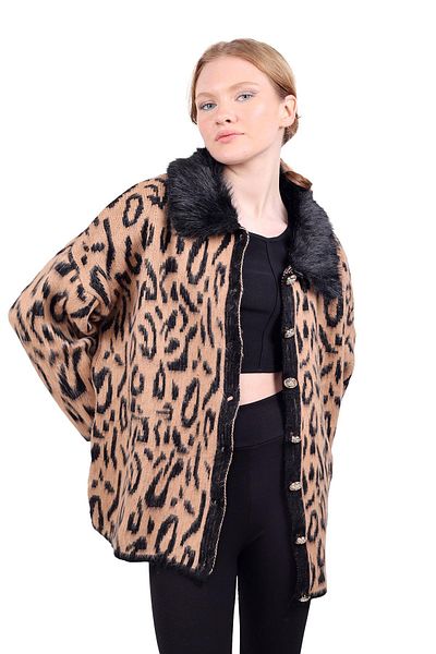 Rays 22288 Cardigan cu guler de blană leopard negru