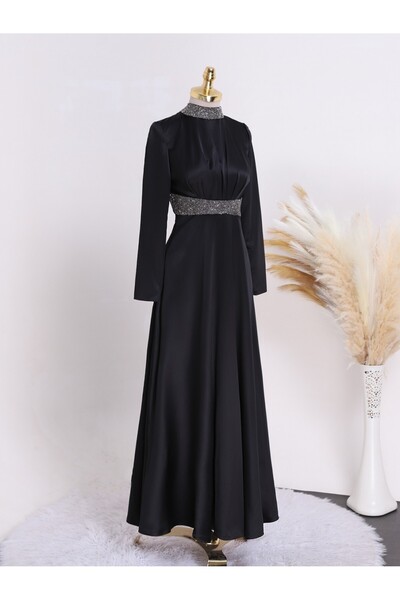 Modamorfo Satin Evening Dress with Stone Detail on the Neckline and Waist - Black