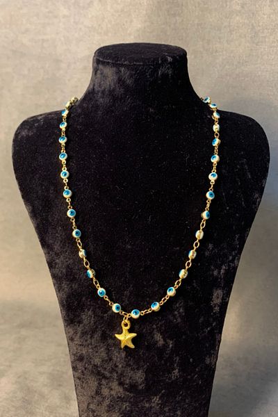 Uretti Tuğba 9352 - 3 Piece Handmade Evil Eye Bead Necklace Set - Bracelet & Earring