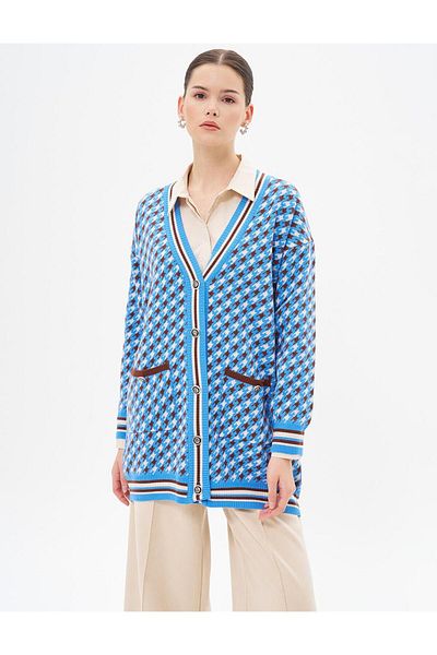 Kayra Cardigan de tricotaj albastru - cu model picioare de corb
