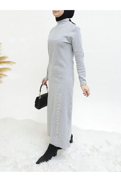 Modamorfo Kleid mit halbhohem Saum und Knopfdetail – Grau