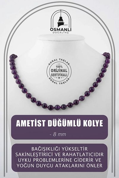 OSMANLI DOĞAL TAŞ Amethyst 8 Mm Knotted Natural Stone Necklace