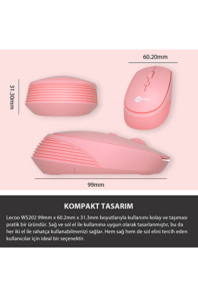 Lecoo Ws202 Kablosuz 1200dpı 4 Tuşlu Pc, Mac, Dizüstü Bilgisayar Ile Uyumlu Optik Mouse Pembe