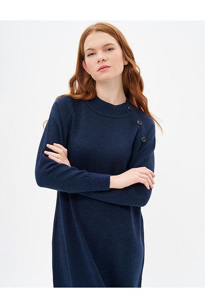Kayra Buttoned Half Turtleneck Knitwear Dress Navy Blue