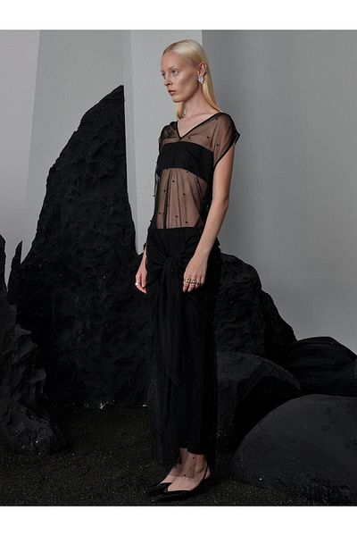 RİVUS Null Sleeves Pearls Tulle Dress with V-Neck Waist Tie Detail - Black