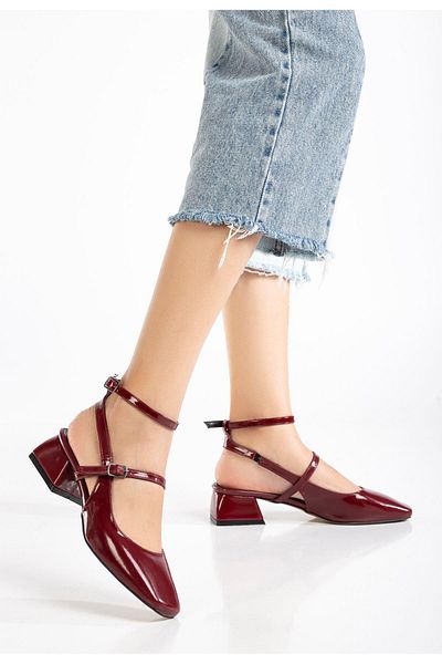 Aymood ST-003 Pantofi cu toc de 4 cm din piele lacuita rosie claret