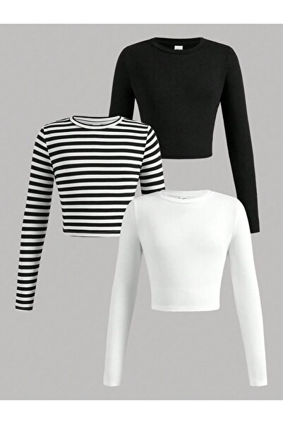 ÖZ PAMUK بلوزة نسائية قصيرة مكونة من 3 قطع برقبة دائرية