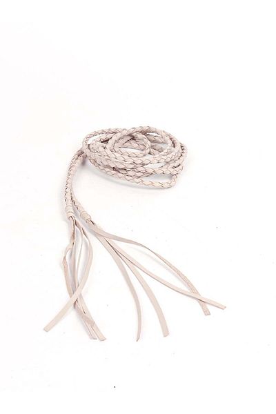RİVUS Beige Colored Knitted Leather Belt - with Tassels on the End and Tie