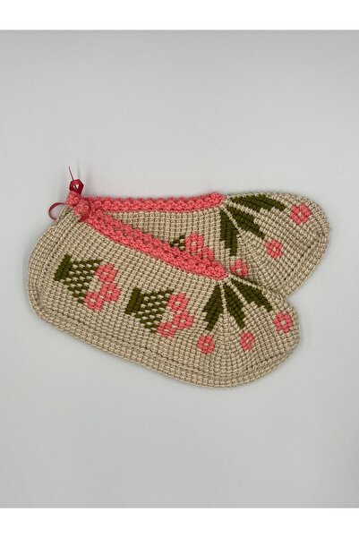 Şatilli Handmade Patik Tunus işi patik el örgüsü patik bej saksı çiçekli el emeği patik çeyizlik hediyelik günlük