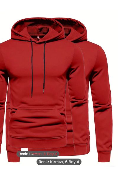 NEW TRENDY COLLECTİON Red-Red 2 Pcs Top Quality Kangaroo Pockets 3 Yarn Raised Lace-Up Sweatshirt