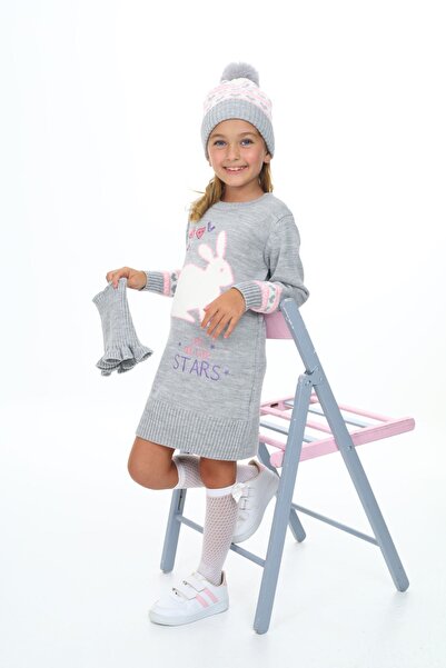 Sevimli Girl's Dress Bunny Embroidered Beret and Neck Collar 3 Piece Set