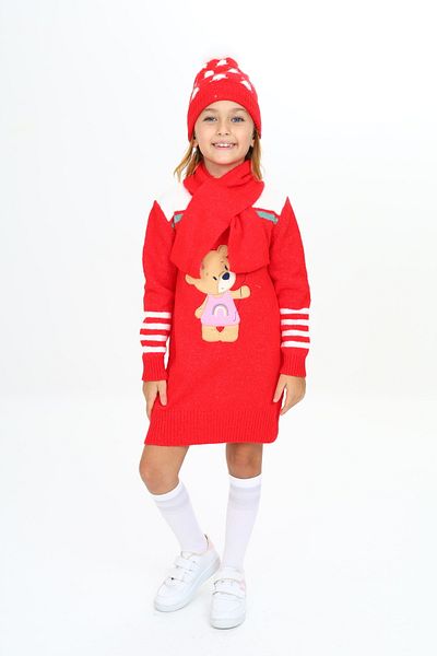 Sevimli Set de 3 piese pentru fetiță rochie balon ținând ursuleț de pluș brodat beanie și eșarfă