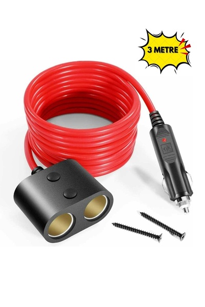 Derwell 3 Metre Çakmak Uzatma Kablosu 2li 12V/24V Çakmak Çoklayıcı 2 Port Oto...