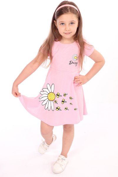 Toontoy Girl's Chest and Skirt Part Daisy Written Bee Printed Dress