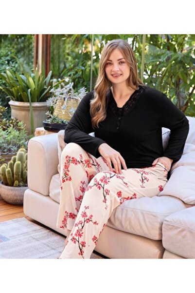 İpek Women's Long Sleeve Plus Size Lace Pajama Set