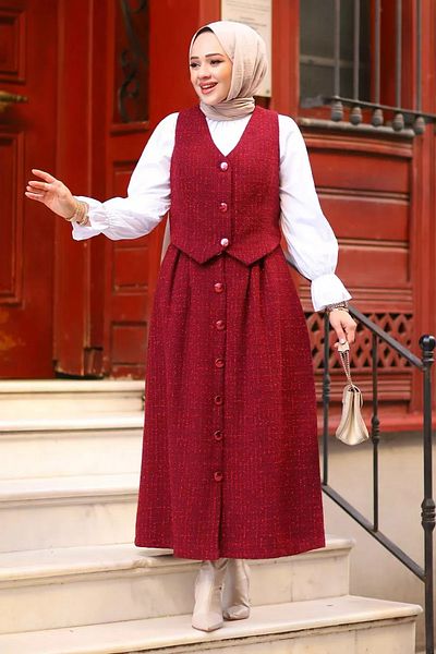 Tesettür Diyarı Women's Three Button Vest Tweed Hijab Suit