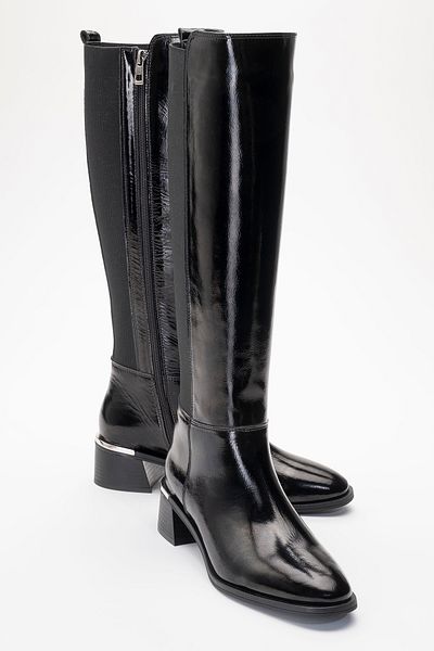 LuviShoes ROCHOS Μαύρο λουστρίνι Stretch Λεπτομερείς γυναικείες μπότες από γνήσιο δέρμα