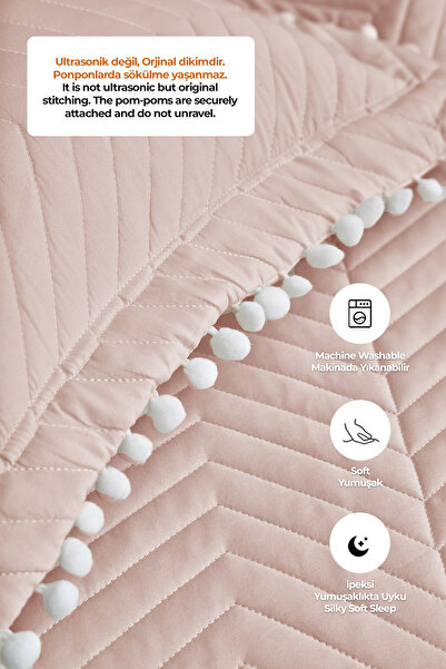 Evlen Home Collection %100 Pamuk Tek Kişilik Kapitone Ponponlu Yatak Örtüsü Seti Elyaf Dolgulu Pike Takımı Günlük Pudra