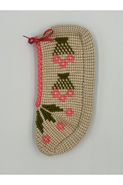 Şatilli Handmade Patik Tunus işi patik el örgüsü patik bej saksı çiçekli el emeği patik çeyizlik hediyelik günlük