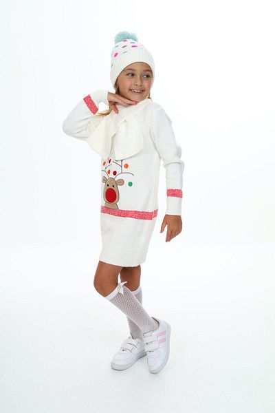 Sevimli Girl's Dress Deer Embroidered Beret and Scarf Knitwear Set of 3