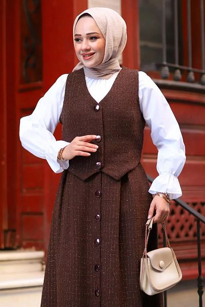 Tesettür Diyarı Women's Three Button Vest Tweed Hijab Suit
