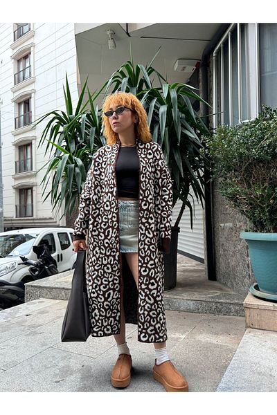 KEJAN TEKSTİL Women's Cardigan with Leopard Print, 110 cm Tall