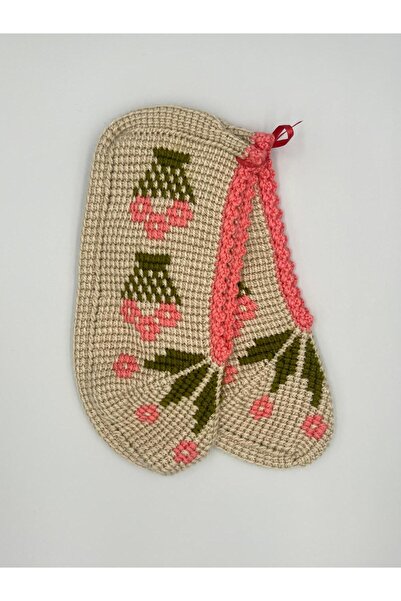 Şatilli Handmade Patik Tunus işi patik el örgüsü patik bej saksı çiçekli el emeği patik çeyizlik hediyelik günlük