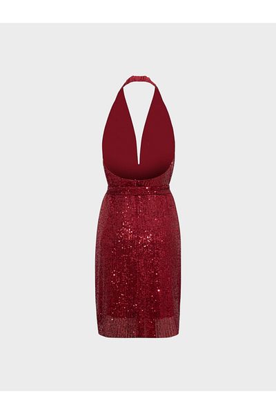 RİVUS Burgundy Sequined Short Dress - Low-Cut and Sling