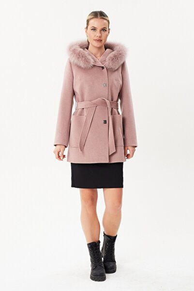 AGSPARK Kürklü Kapişon Aksesuar Düğme Detaylı Belden Bağlamalı Kaban-4464