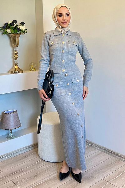 julude Γκρι Κουμπί Λεπτομερής Ζακέτα Φούστα Hijab Knitwear Διπλό Σετ