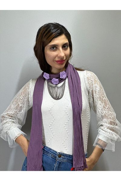 Gönülden Tasarım Lila Flowered Chain Necklace Women's Scarf Shal 180X15 cm