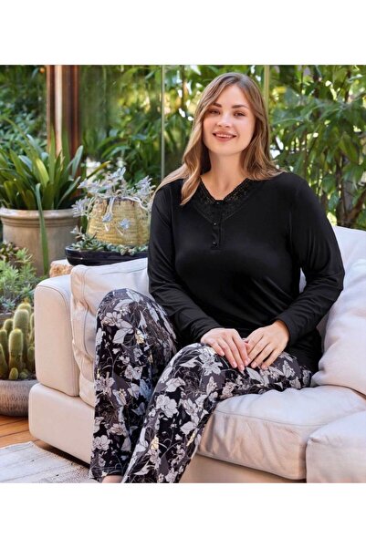 İpek Women's Long Sleeve Plus Size Lace Pajama Set