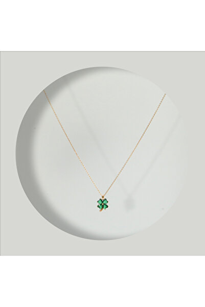 FOURSOLOS Çelik Kadın Kolye, Yeşil Taşlı Yonca Detaylı, Gold Renk, No:128