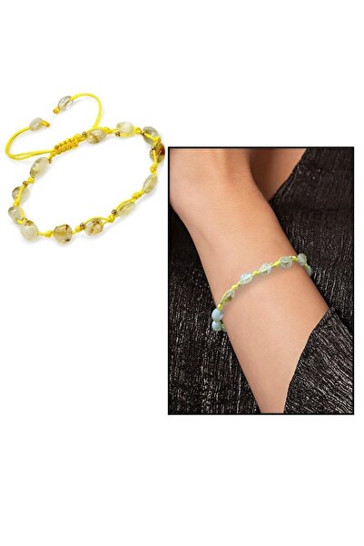 Tesbihane Macrame Braided Natural Cut Dorica Ball Detailed Citrine Natural Stone Women's Bracelet