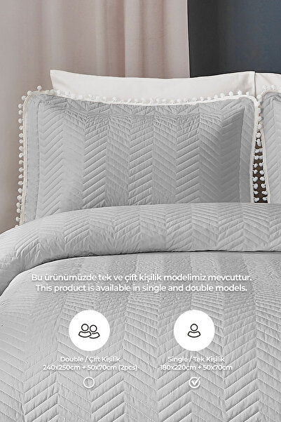 Evlen Home Collection Ponponlu %100 Pamuk Tek Kişilik Kapitone Yatak Örtüsü ( Pike ) Takımı Eltaf Dolgulu Gri