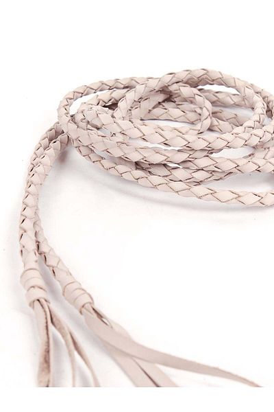 RİVUS Beige Colored Knitted Leather Belt - with Tassels on the End and Tie