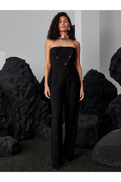 RİVUS Strapless Neckline Front Double Breasted Button Maxi Length Stylish Jumpsuit - Black