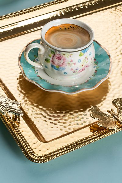 Porsima 3250 2-Piece Gold Stainless Steel Presenter Tea Coffee Tray Butterfly Detailed Decorative Serving Tray
