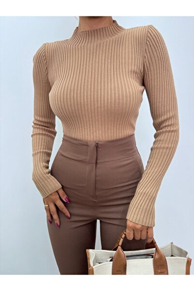 Modamorfo Half-Necked Ribbed Knitwear Sweater - Mink