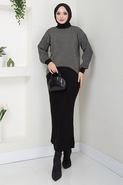 hafsamina Black Horizontal Striped Knitwear Sweater and Gilet Set - Hm2591