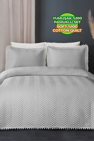 Evlen Home Collection Ollie 100% Cotton Double Bedspread - Pompom Quilted Striped Gray