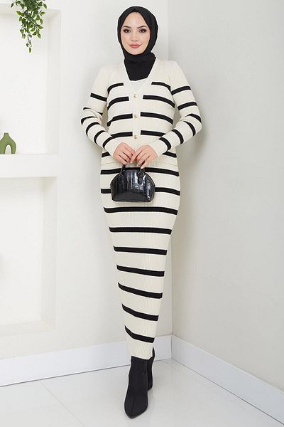 hafsamina Cream Colored Striped Gilet Knitwear Set - Hm2634