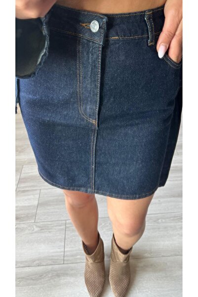 Oslove Lacivert Denim Mini Etek