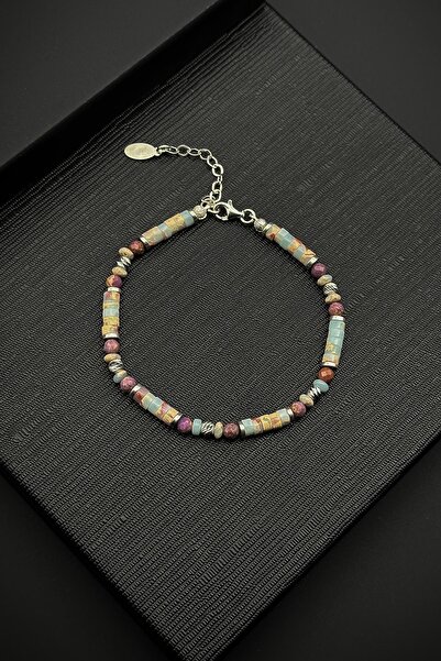 FRNCH 925 Ayar Gümüş ve Jasper Doğal Taşlı Çok Renkli Erkek Bileklik FRJ12367...