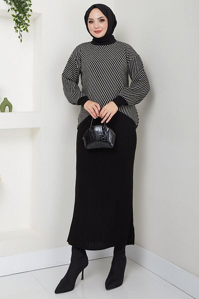 hafsamina Black Horizontal Striped Knitwear Sweater and Gilet Set - Hm2591
