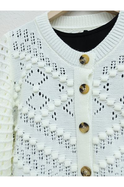 Modamorfo Openwork Embossed Bone Buttoned Knitwear Cardigan - White