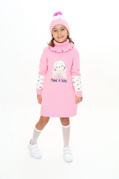 Sevimli Rochie pentru fetiță, beretă cu model de pisică pe curcubeu și eșarfă, set 3 piese