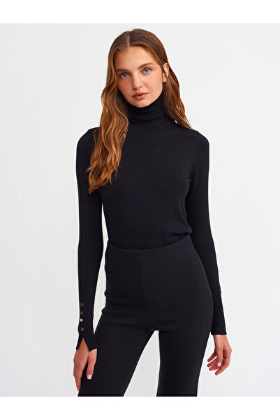 Dilvin 1268 Turtleneck Sleeve Droplu Sweater-Black