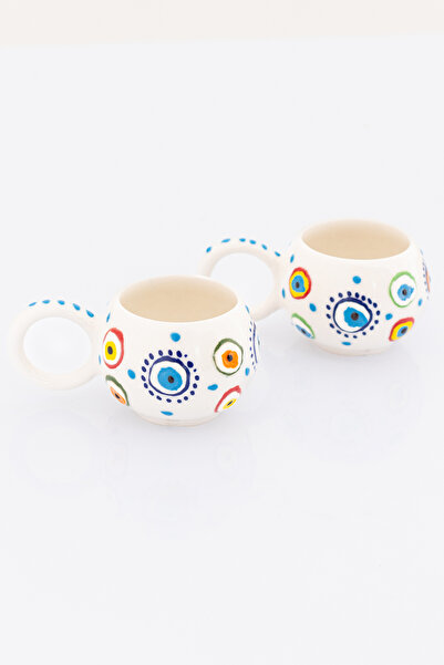 Bally Home Set of 2 Handmade Ceramic Round Evil Eye Bead Patterned Mug