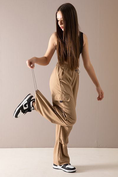 Cansın Mini Coffee Cargo Pocket Elastic Leg Girl's Parachute Pants 19884